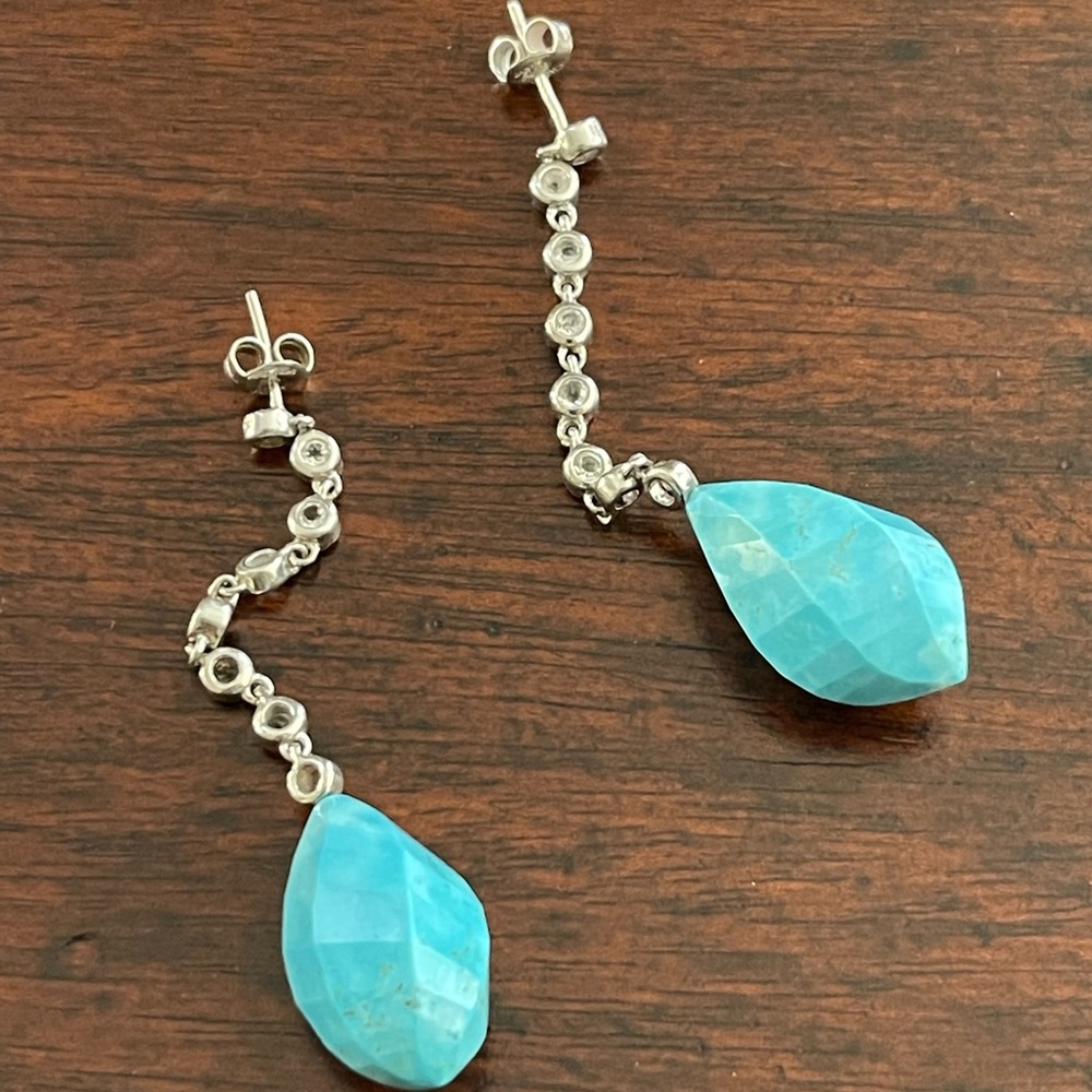Carved turquoise howlite cz solid sterling silver drop earrings - Picture 5 of 6